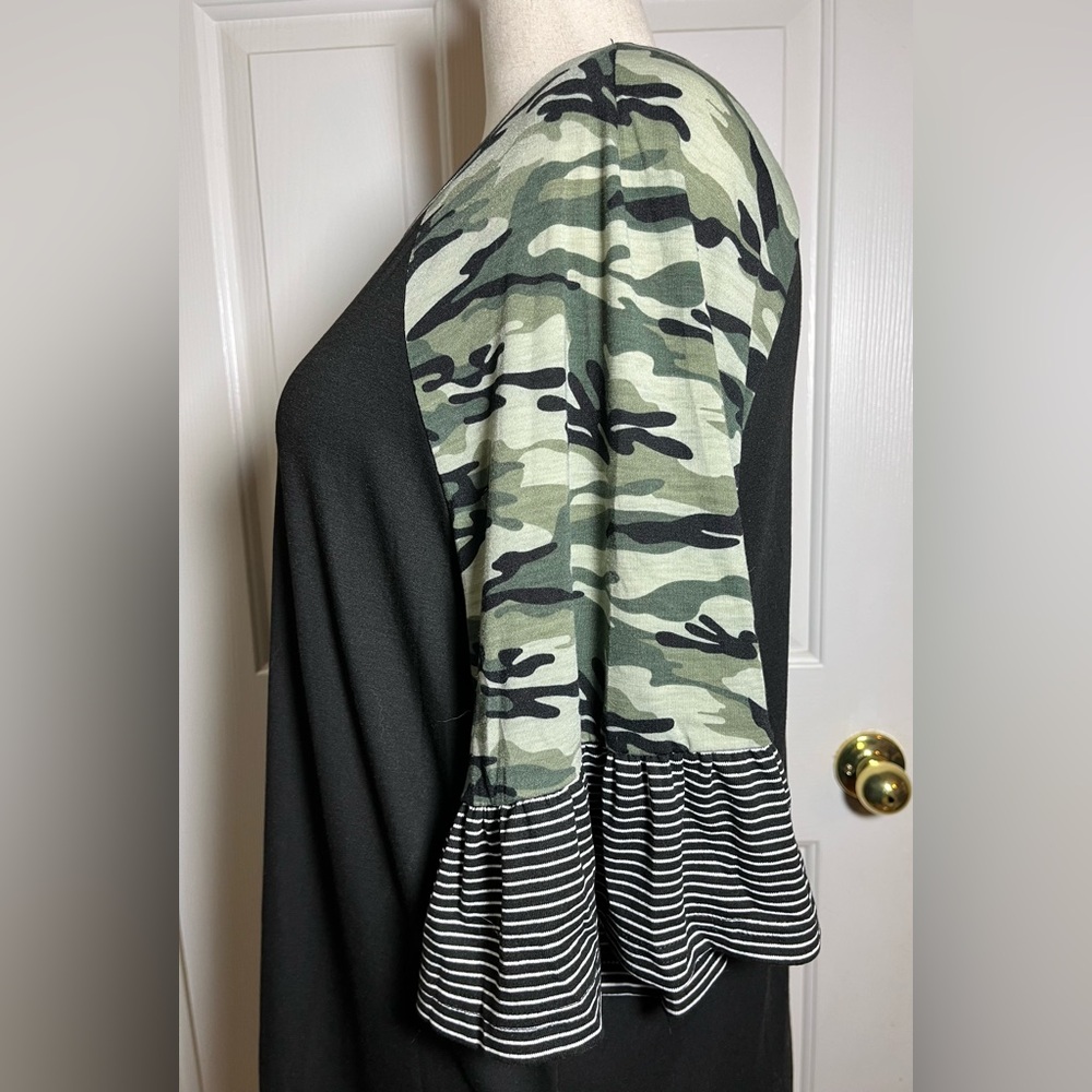 BloomChic Black Tunic Top w/ Camo Raglan Sleeves & Striped Ruffle Hem - Picture 3 of 9